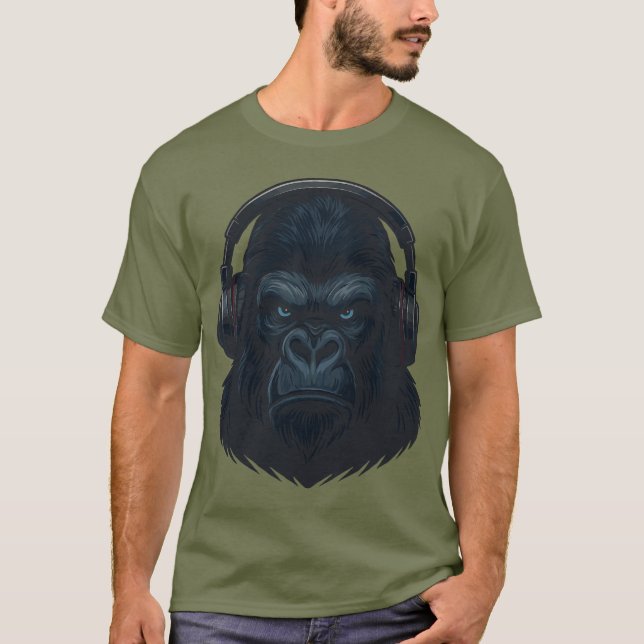 T-shirt Gorilla with Headphones — Fierce Music Lover  (Devant)