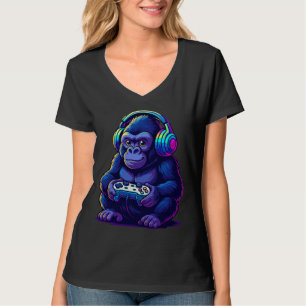 T-shirt Gorille Gamer avec Casque — Vibes de Jeu Néon