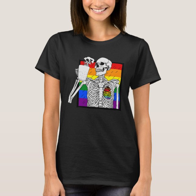 T-shirt Goth Skeleton Café Gay Lesbian Pride Rainbow Hum (Devant)