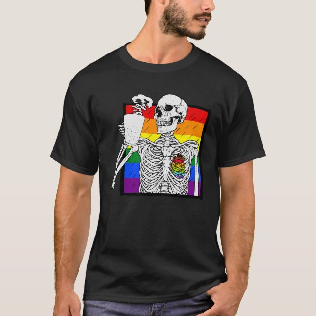 T-shirt Goth Skeleton Café Gay Lesbian Pride Rainbow Hum (Devant)