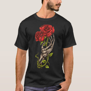 T-shirt Goth Squelette Main Rouge Rose Fleur Amour Et Mort