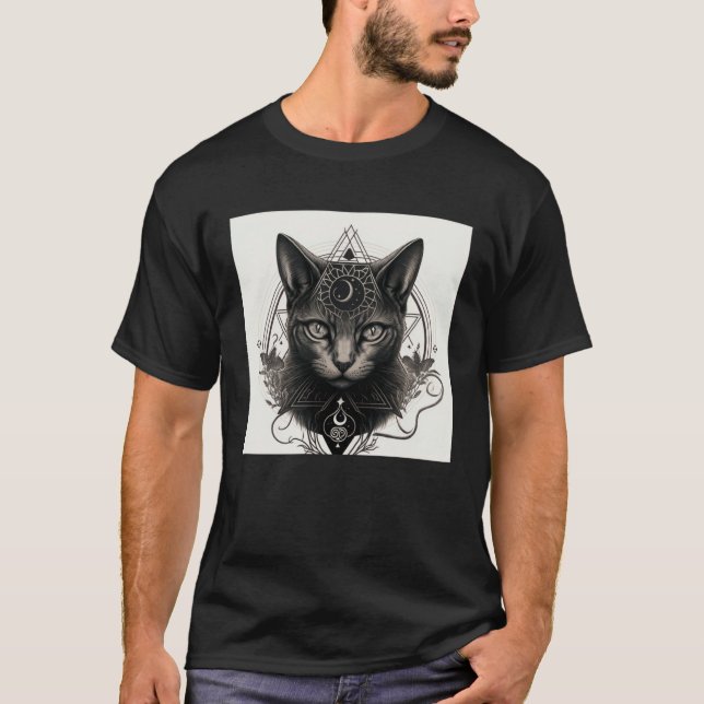 T-shirt Gothic Cat with Wiccan and Occult Symbols (Devant)