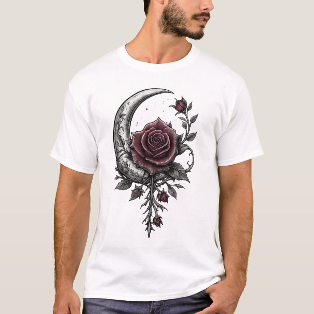 T-shirt Gothic Rose Crescent Moon Dark Floral Artwork (Devant)