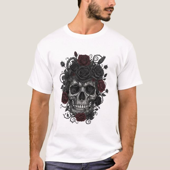 T-shirt Gothic Roses Skull – Día de los Muertos Art (Devant)
