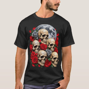 T-Shirt Gothique Crânes & Roses Rouges Floral Vi