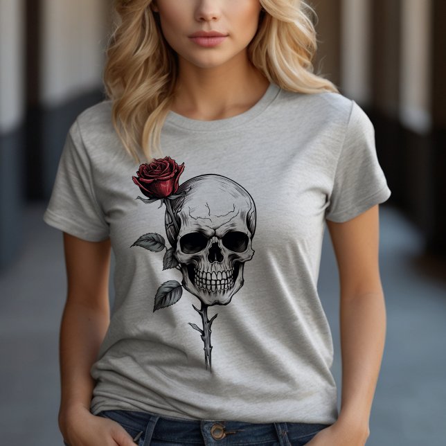T-shirt Gothique Halloween Crâne et Rose (Embrace your edgy side with our "Skull with Flower" tee—a perfect blend of fierce and floral style!)
