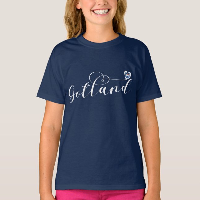 T-shirt Gotland Drapeau Design de script de coeur, Suède T (Devant)
