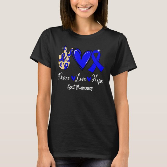 T-shirt Gout Awareness Peace Love Hope Blue Ribbon (Devant)