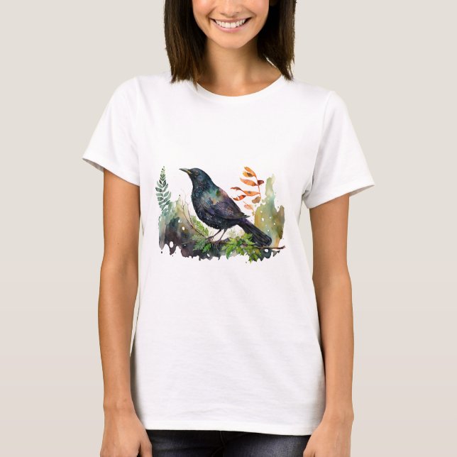 T-shirt Grackle à l'aquarelle sur une branche  (Devant)