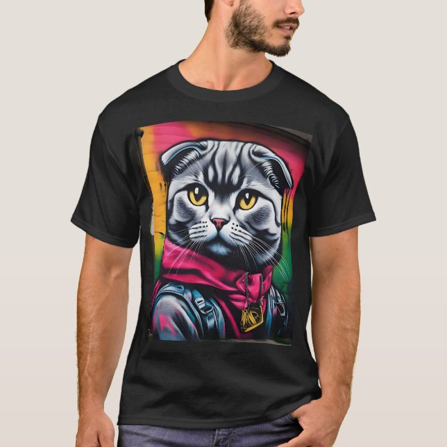 T-shirt Graffiti Art of a Scottish Fold Cat (Devant)