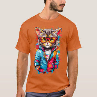 T-shirt Graffiti Coloré Petit Chat portant des lunettes