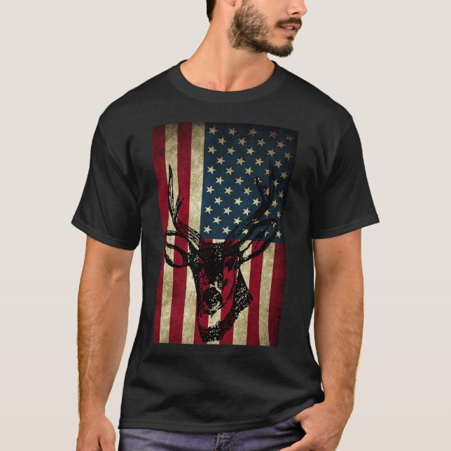 T-shirt Grand Drapeau Américain Patriotique Deer Chasse Ca (Devant)