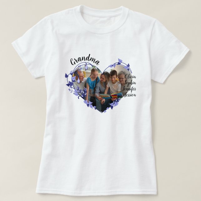 T-shirt Grand-mère coeur de fleur avec petits-enfants Nom  (Design devant)