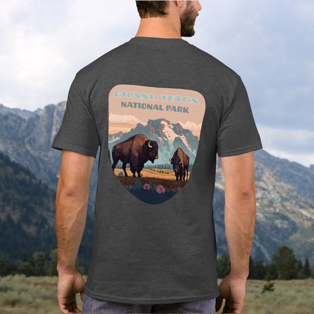 T-shirt Grand Teton National Park Jackson Wyoming Mountain (Grand Teton National Park tshirt on a man in front of the mountains of in Wyoming)