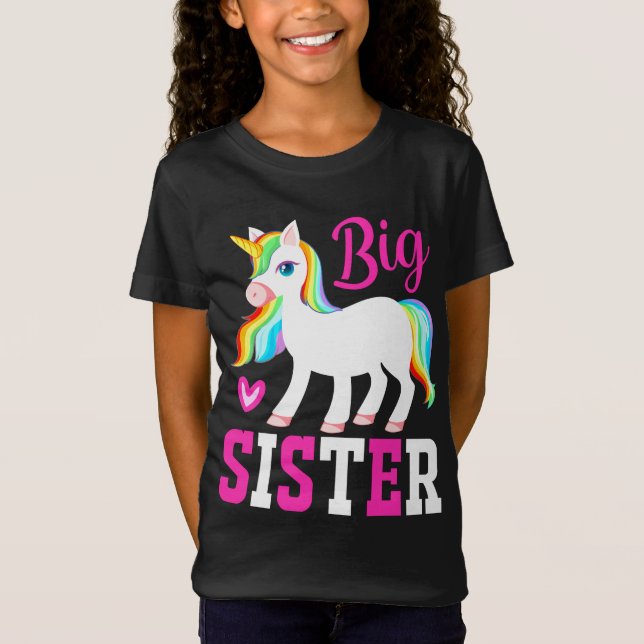 T-Shirt Grande Soeur Unicorne Magique avec Mane Arc-en-Cie (Devant)