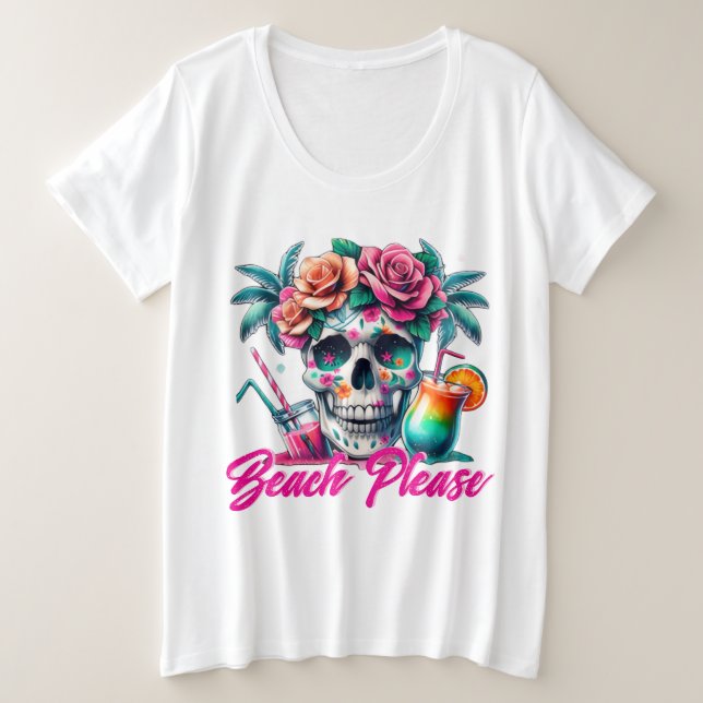 T-Shirt Grande Taille Beach Please Tropical Skull (Design devant)