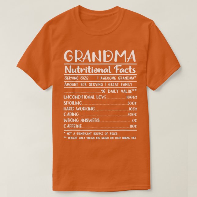 T-shirt Grandma faits nutritionnels cadeaux pour grand-mèr (Design devant)
