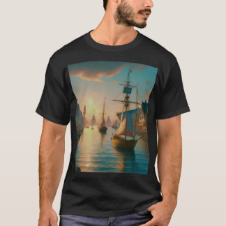 T-shirt grands Navires sur la rivière au coucher d