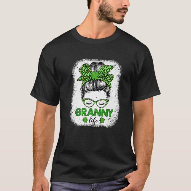 T-shirt Granny Clover Messy Bun Leopard Funny St Patrick's (Devant)