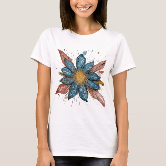 T-shirt Graphique à fleurs bleues - Art floral à main (Devant)