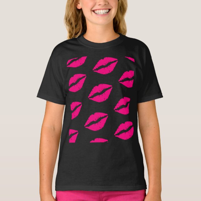 T-Shirt Graphique à Motif de Lèvres Rose Chaud (Devant)