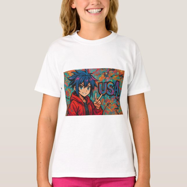 T-Shirt Graphique Anime USA Rouge Gras (Devant)