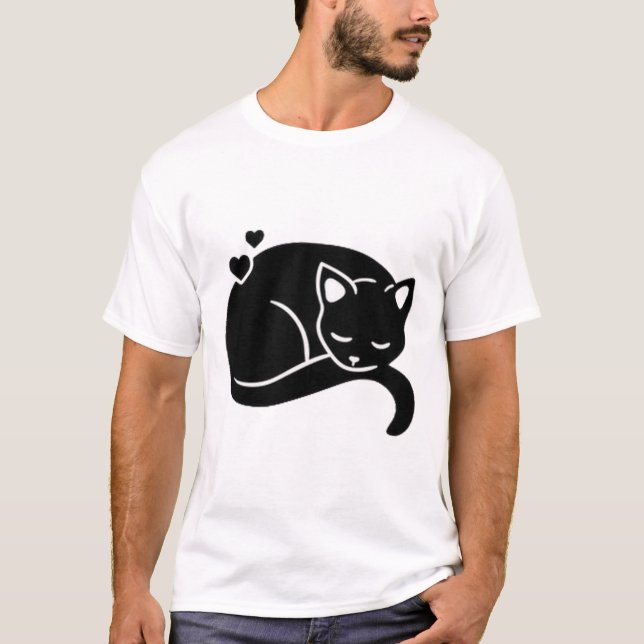 T-Shirt Graphique Chat Endormi avec des Cœurs (Devant)