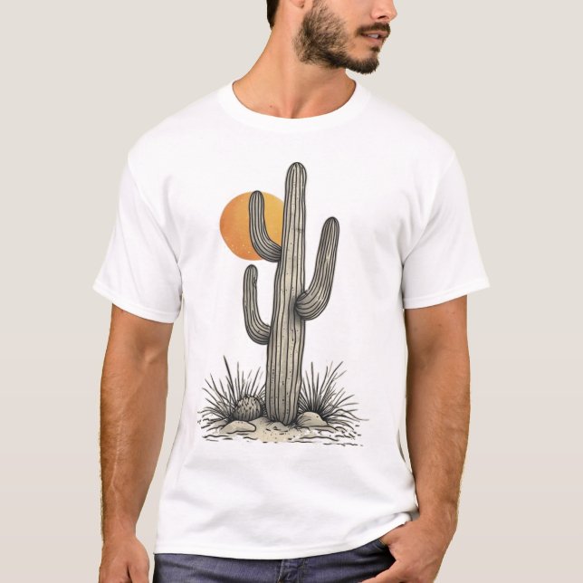 T-shirt Graphique de coucher de soleil rétro avec cactus S (Devant)