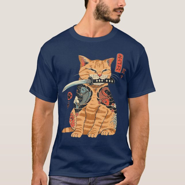 T-shirt Graphique de tatouage japonais Samurai Ninja Cat K (Devant)