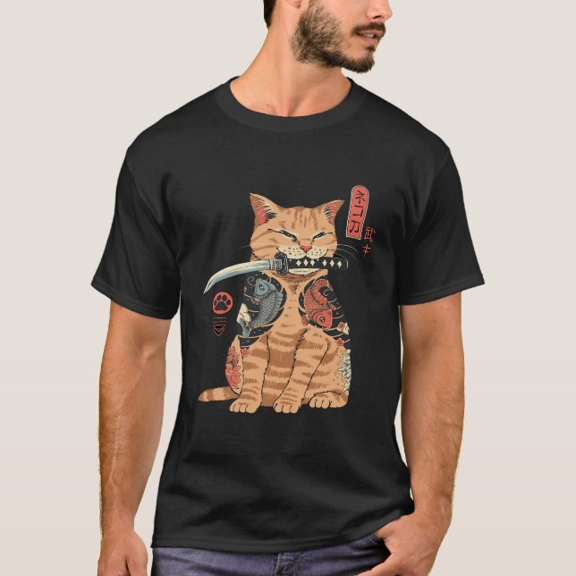 T-shirt Graphique de tatouage japonais Samurai Ninja Cat K (Devant)