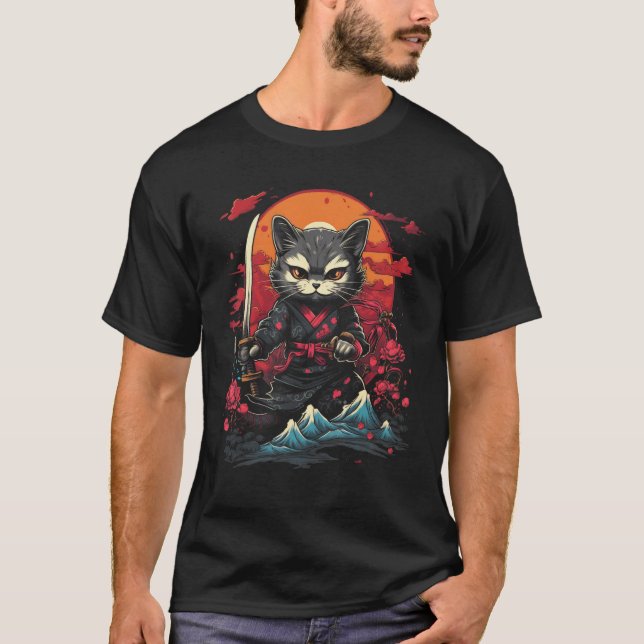 T-shirt Graphique de tatouage rétro de chat ninja samouraï (Devant)
