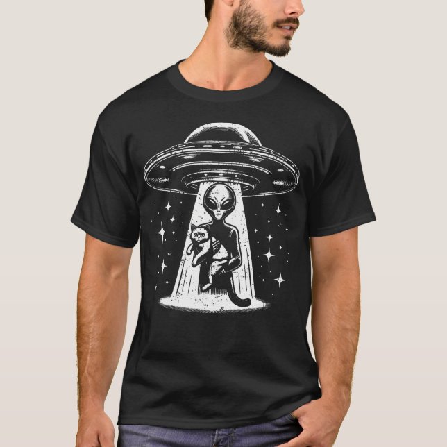 T-shirt graphique drôle d'Alien Ufo tenant un chat (Devant)