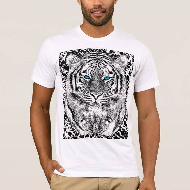 T-shirt Graphique noir et blanc de tigre d'yeux bleus (Devant)