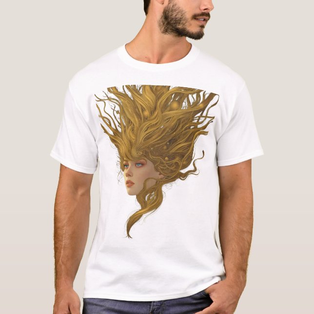 T-Shirt Graphique Portrait de Déesse Dorée Éthérée (Devant)