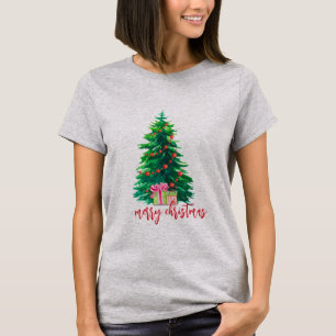 T-shirt Graphique rétro Arbre de Noël avec Présents Femmes