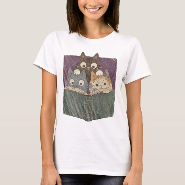 T-shirt graphique rétro Chats curieux de lecture,  (Devant)