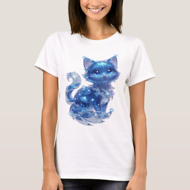 T-shirt graphique stylé argenté CHAT ÉTOILES BLEUE (Devant)