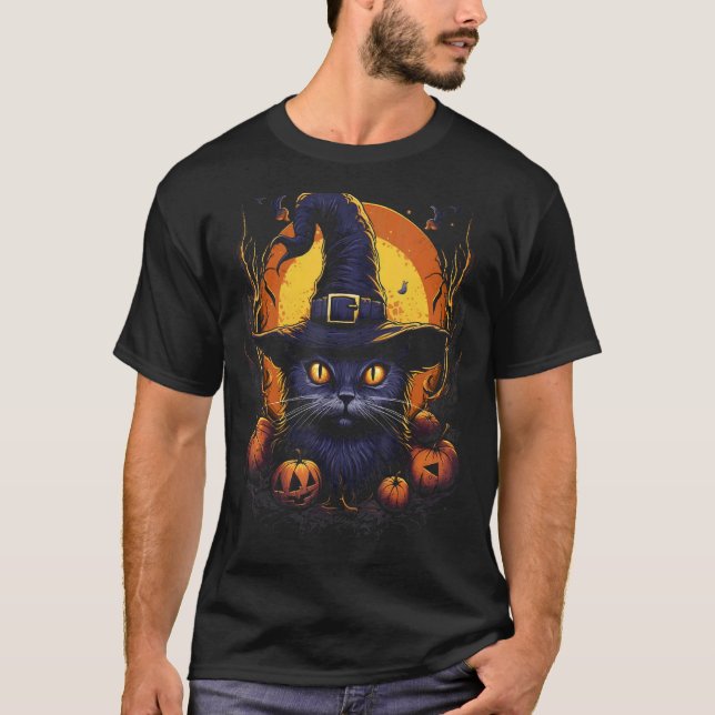T-shirt Graphisme Chat Noir Sorcière Chapeau Citrouille Lu (Devant)