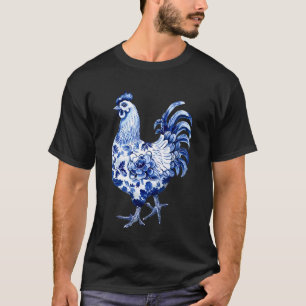 T-shirt Graphisme d'art floral bleu chinoiserie poulet fle