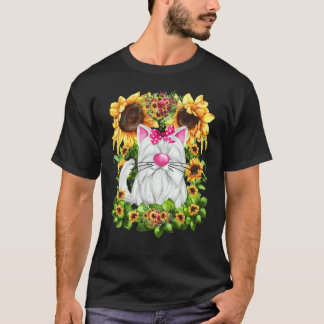 T-shirt Graphisme de chat pour femmes motif tournesol Mign