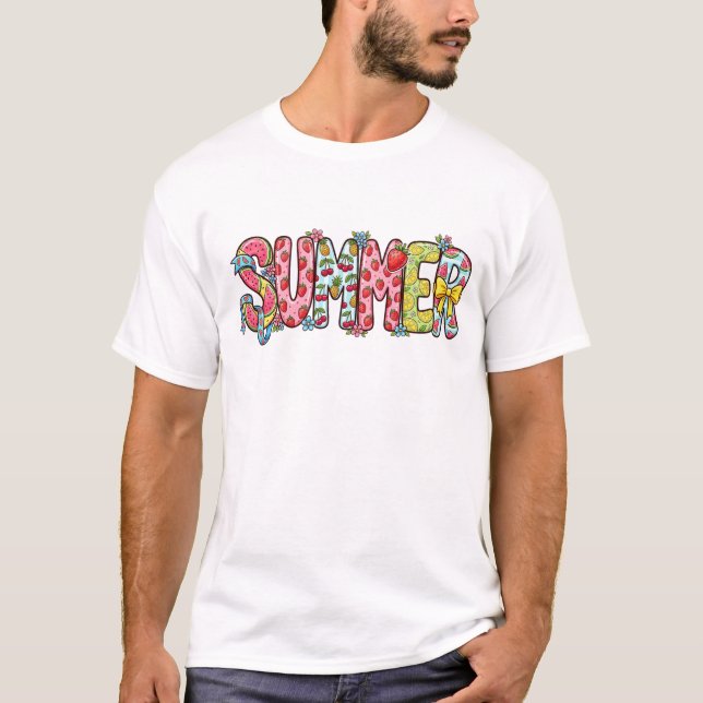 T-shirt Graphisme de typographie de doodle de fruits d'été (Devant)