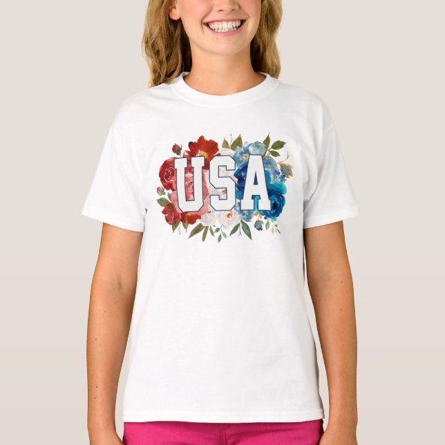 T-shirt Graphisme de typographie florale USA – (Devant)