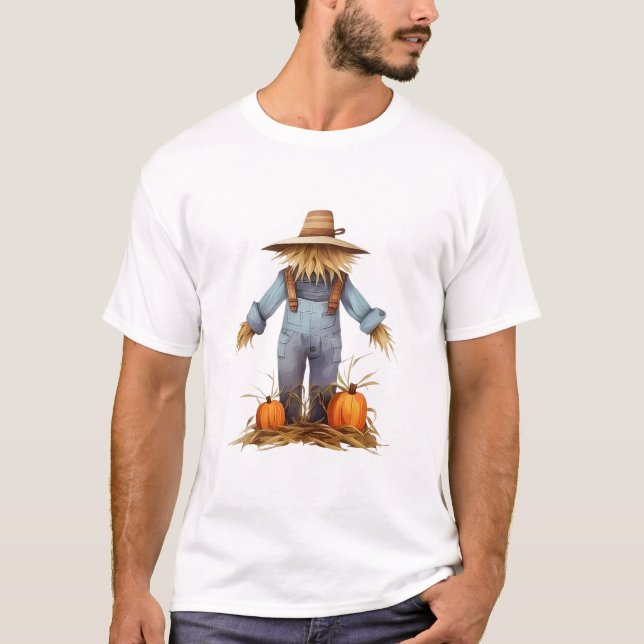 T-shirt Graphisme Épouvantail et Citrouilles de la Récolte (Devant)