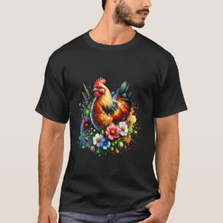 T-shirt Graphisme floral de poulet Femmes Ferme Poulet Amo