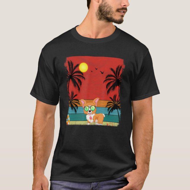 T-shirt Graphisme Rétro de Palmier Cocotier de Plage Chien (Devant)