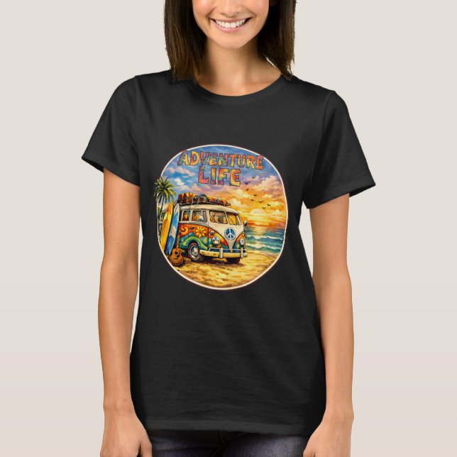 T-shirt Graphisme Rétro Hippie Plage Coucher de Soleil Adv (Devant)