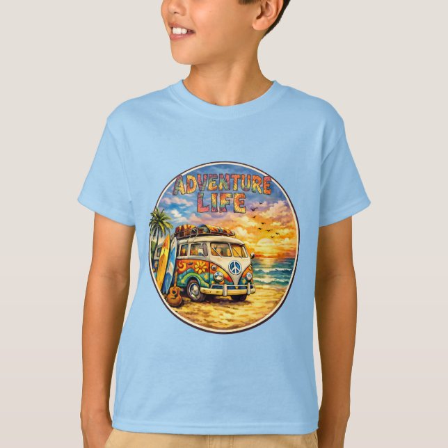 T-shirt Graphisme Rétro Hippie Plage Coucher de Soleil Adv (Devant)
