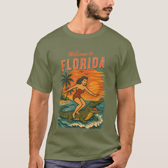 T-shirt Graphisme Rétro Vie Côtière Surfant sur les Alliga (Devant)