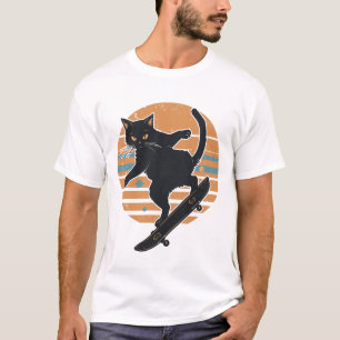 T-shirt Graphiste Crépuscule Rétro 80s Chat Noir Skateboar