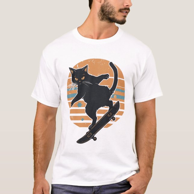 T-shirt Graphiste Crépuscule Rétro 80s Chat Noir Skateboar (Devant)